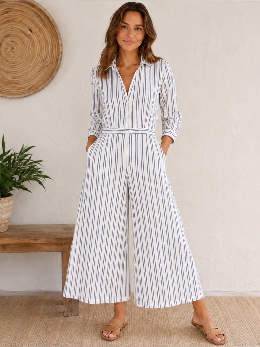 Navy and White Linen Blend Wide Leg Cropped Jumpsuit